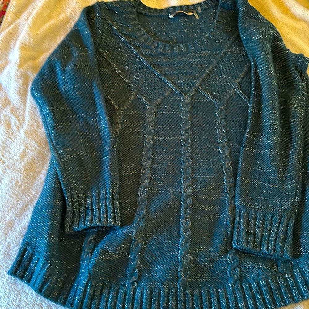 Soft Surroundings Teal Cable-Knit Scoop Neck Sweater with Metallic Thread